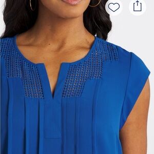 Daniel Rainn Royal Blue Pleated Cap-Sleeve Blouse with Crochet Yoke